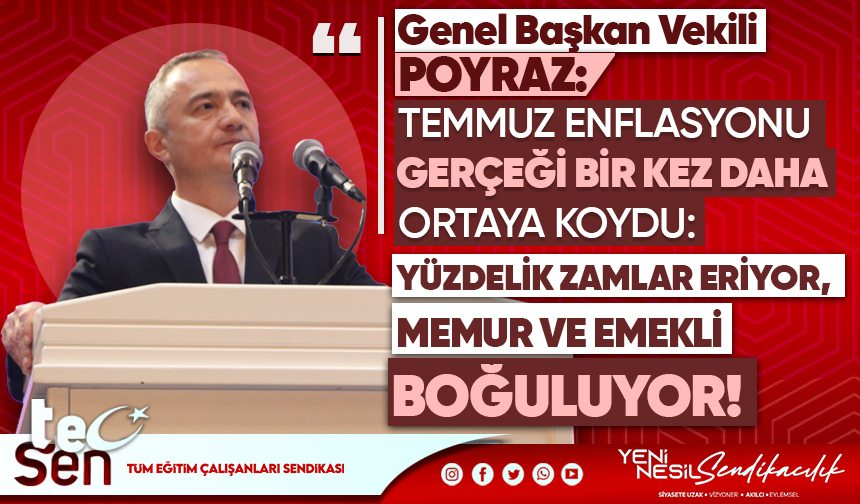 Genel Başkan Vekili POYRAZ: TEMMUZ ENFLASYONU GERÇEĞİ BİR KEZ DAHA ORTAYA KOYDU: YÜZDELİK ZAMLAR ERİYOR, MEMUR VE EMEKLİ BOĞULUYOR!
